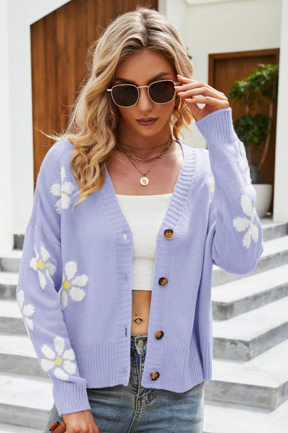 Floral Ribbed Trim Drop Shoulder Cardigan BLUE ZONE PLANET