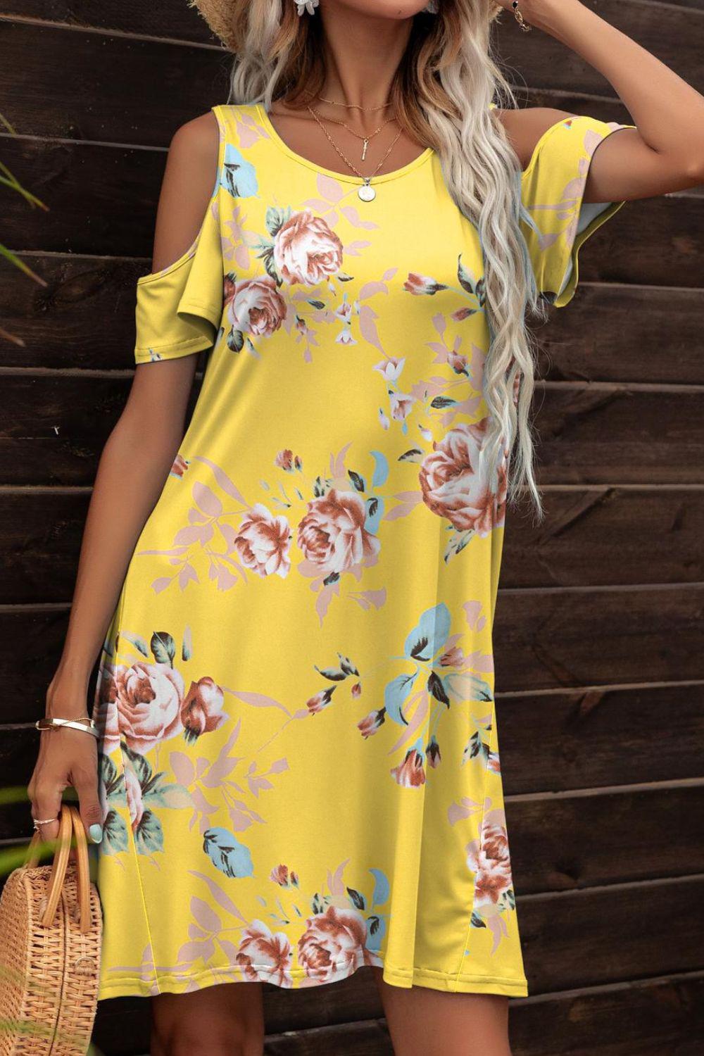 Floral Round Neck Cold-Shoulder Dress BLUE ZONE PLANET