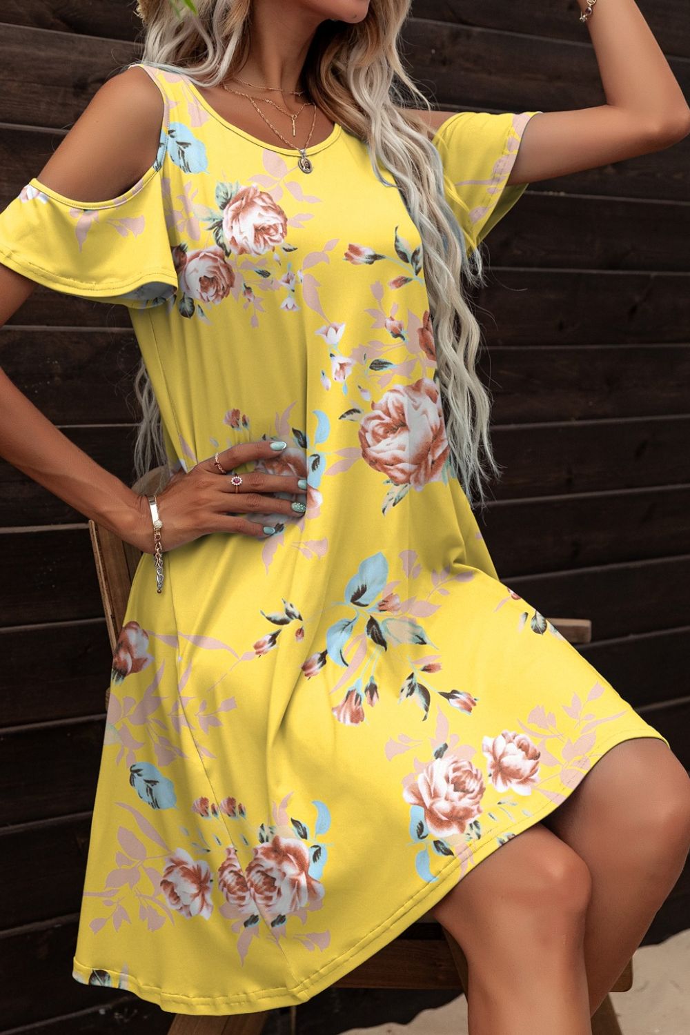 Floral Round Neck Cold-Shoulder Dress BLUE ZONE PLANET