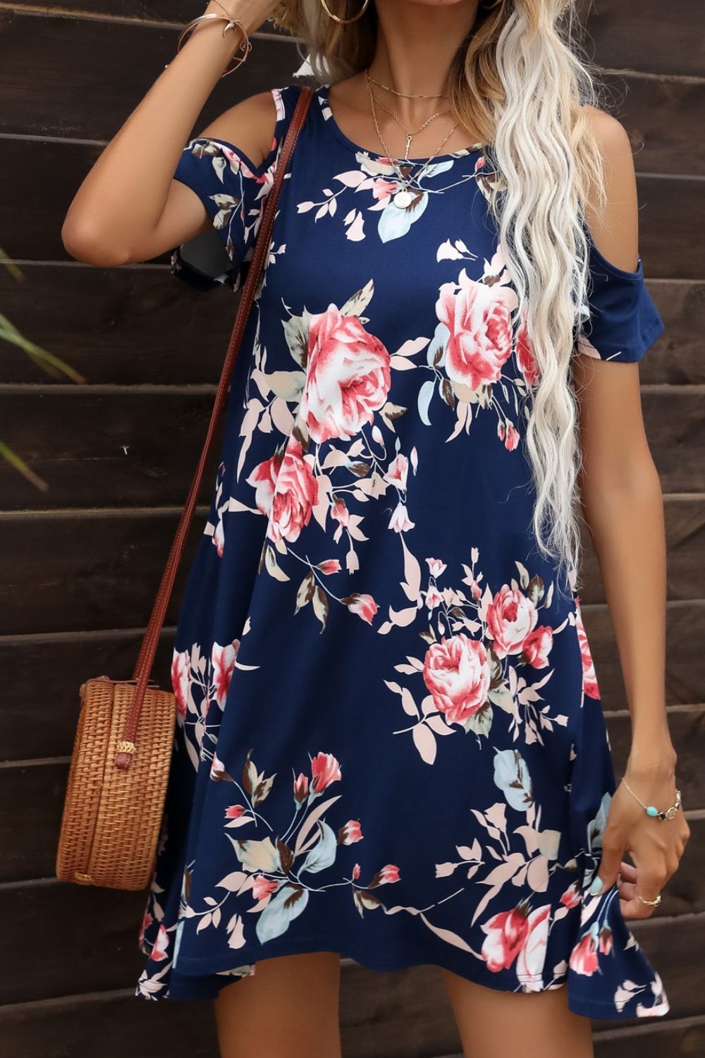 Floral Round Neck Cold-Shoulder Dress BLUE ZONE PLANET