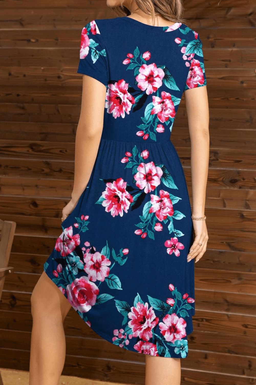 Floral Round Neck Short Sleeve Dress BLUE ZONE PLANET