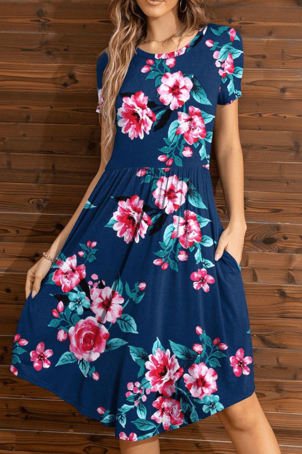 Floral Round Neck Short Sleeve Dress BLUE ZONE PLANET