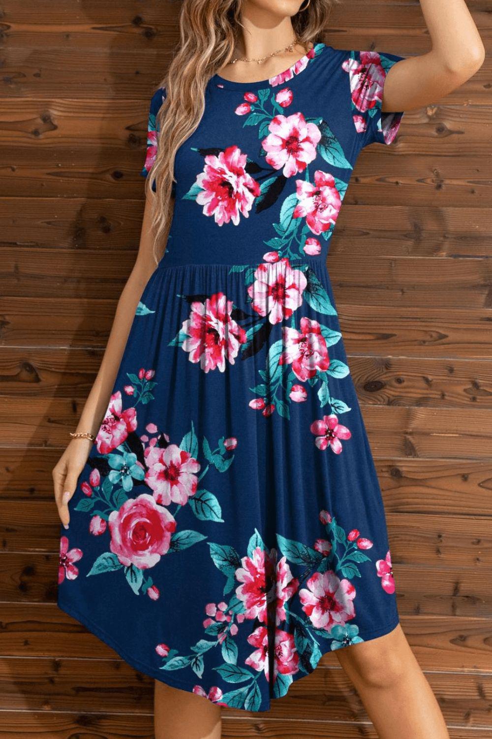 Floral Round Neck Short Sleeve Dress BLUE ZONE PLANET