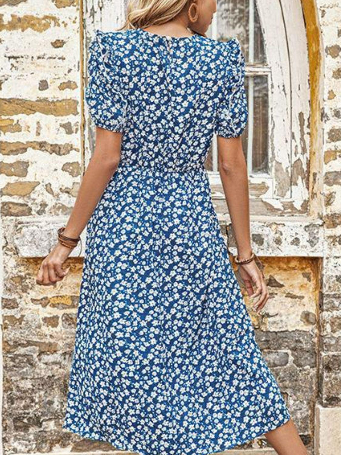 Floral Round Neck Split Midi Dress BLUE ZONE PLANET