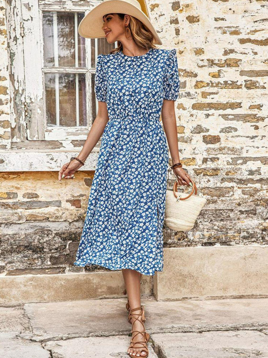 Floral Round Neck Split Midi Dress BLUE ZONE PLANET