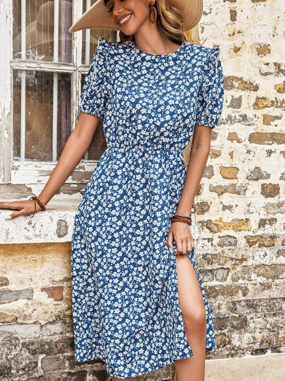 Floral Round Neck Split Midi Dress BLUE ZONE PLANET