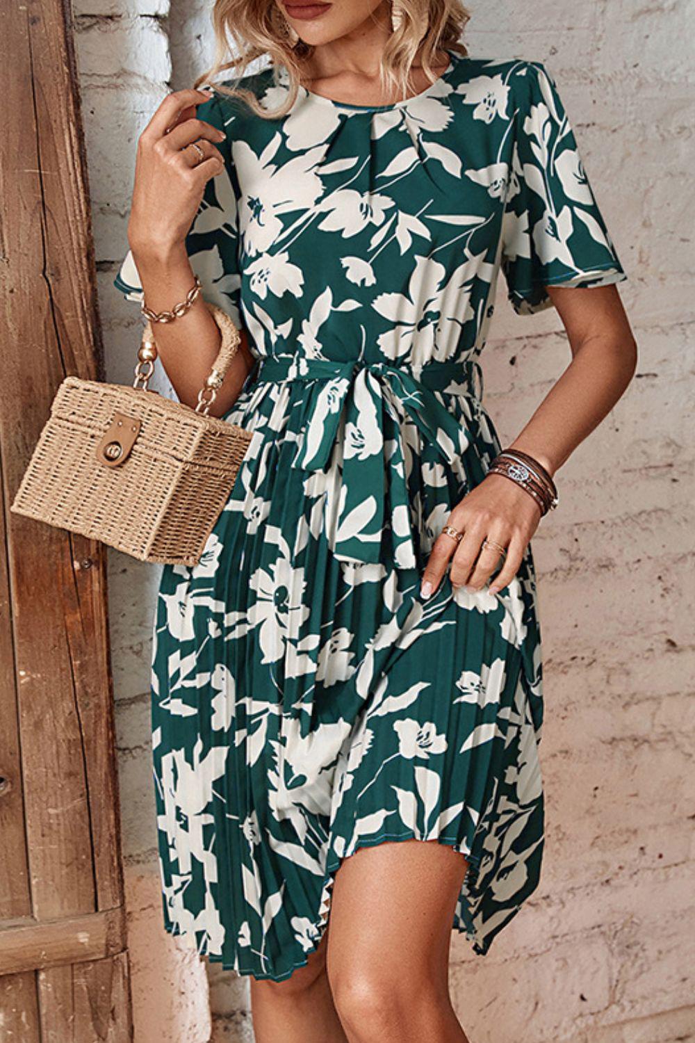 Floral Round Neck Tie Belt Pleated Dress BLUE ZONE PLANET