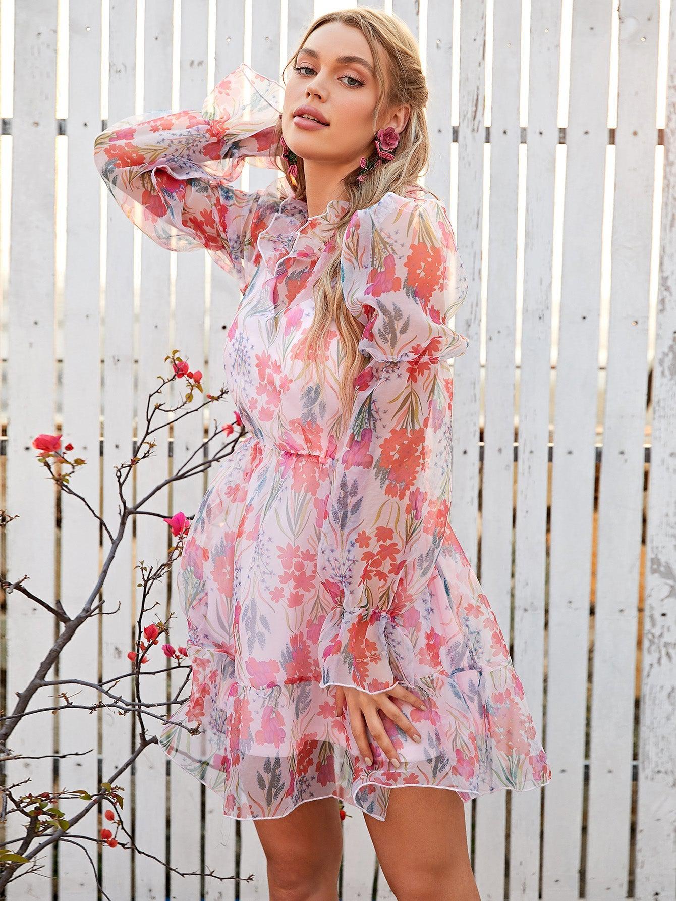 Floral Ruffle Collar Flounce Sleeve Mini Dress BLUE ZONE PLANET