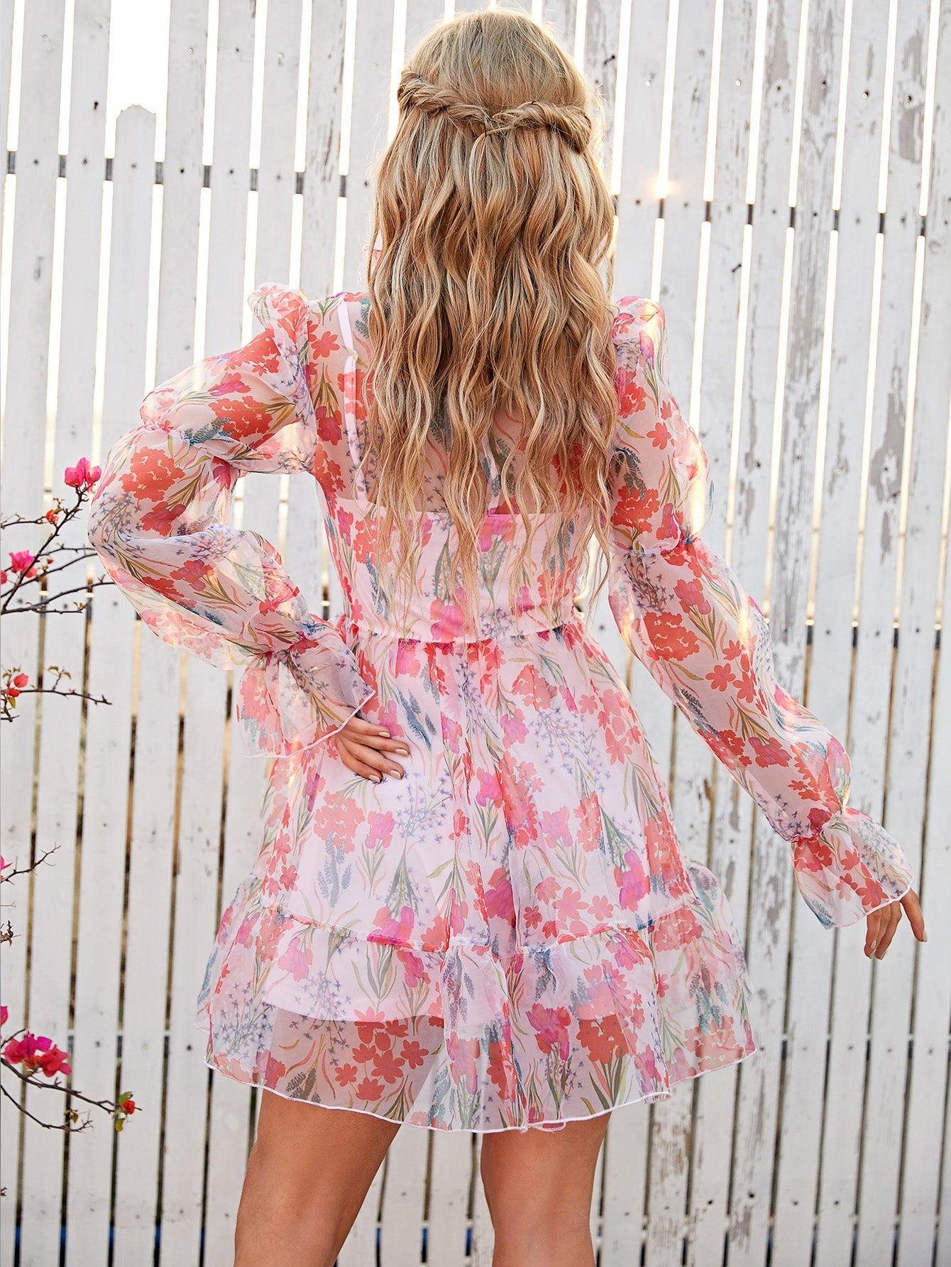 Floral Ruffle Collar Flounce Sleeve Mini Dress BLUE ZONE PLANET