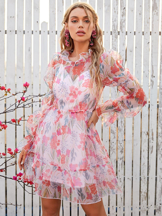 Floral Ruffle Collar Flounce Sleeve Mini Dress BLUE ZONE PLANET