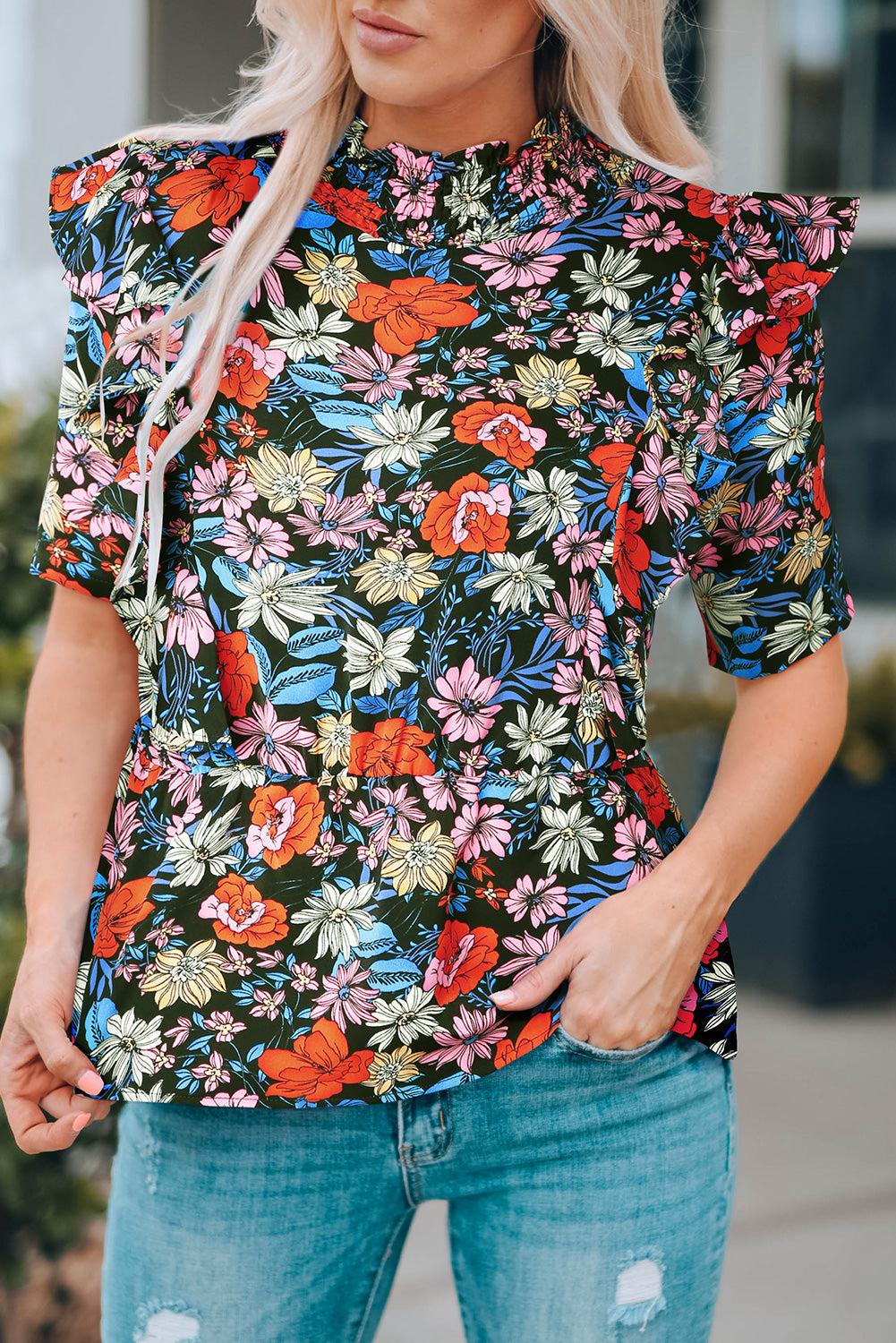 Floral Ruffle Shoulder Frill Neck Blouse BLUE ZONE PLANET