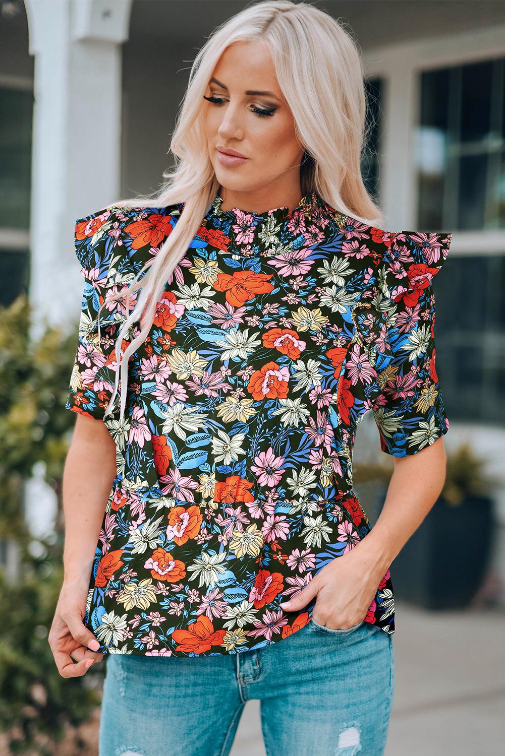 Floral Ruffle Shoulder Frill Neck Blouse BLUE ZONE PLANET