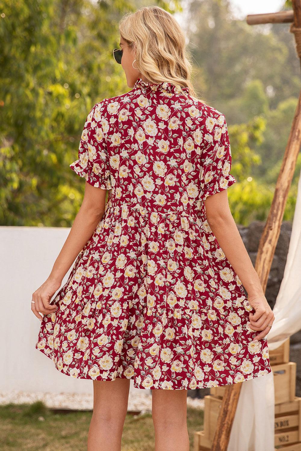 Floral Ruffle Trim Tie-Neck Dress BLUE ZONE PLANET