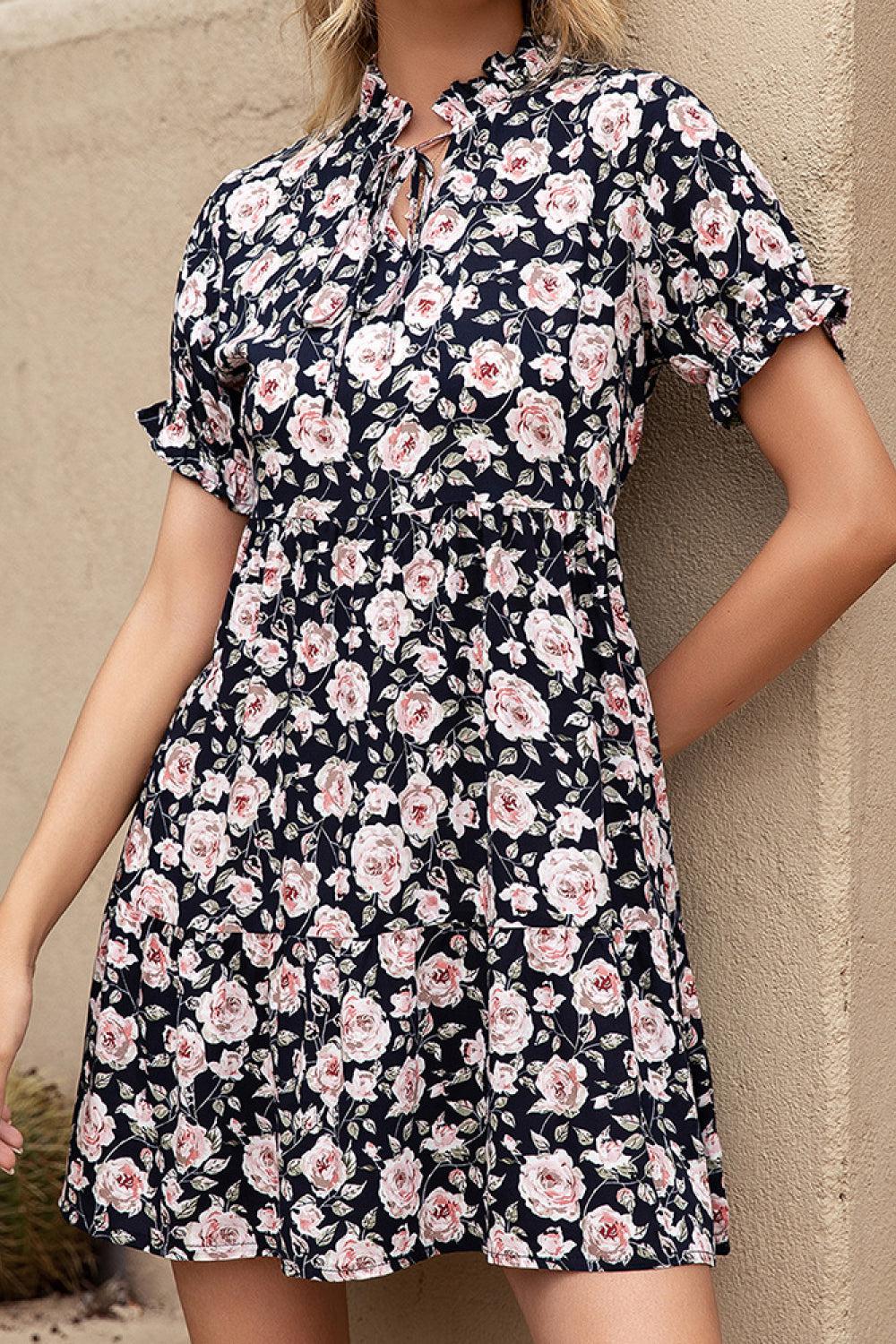 Floral Ruffle Trim Tie-Neck Dress BLUE ZONE PLANET