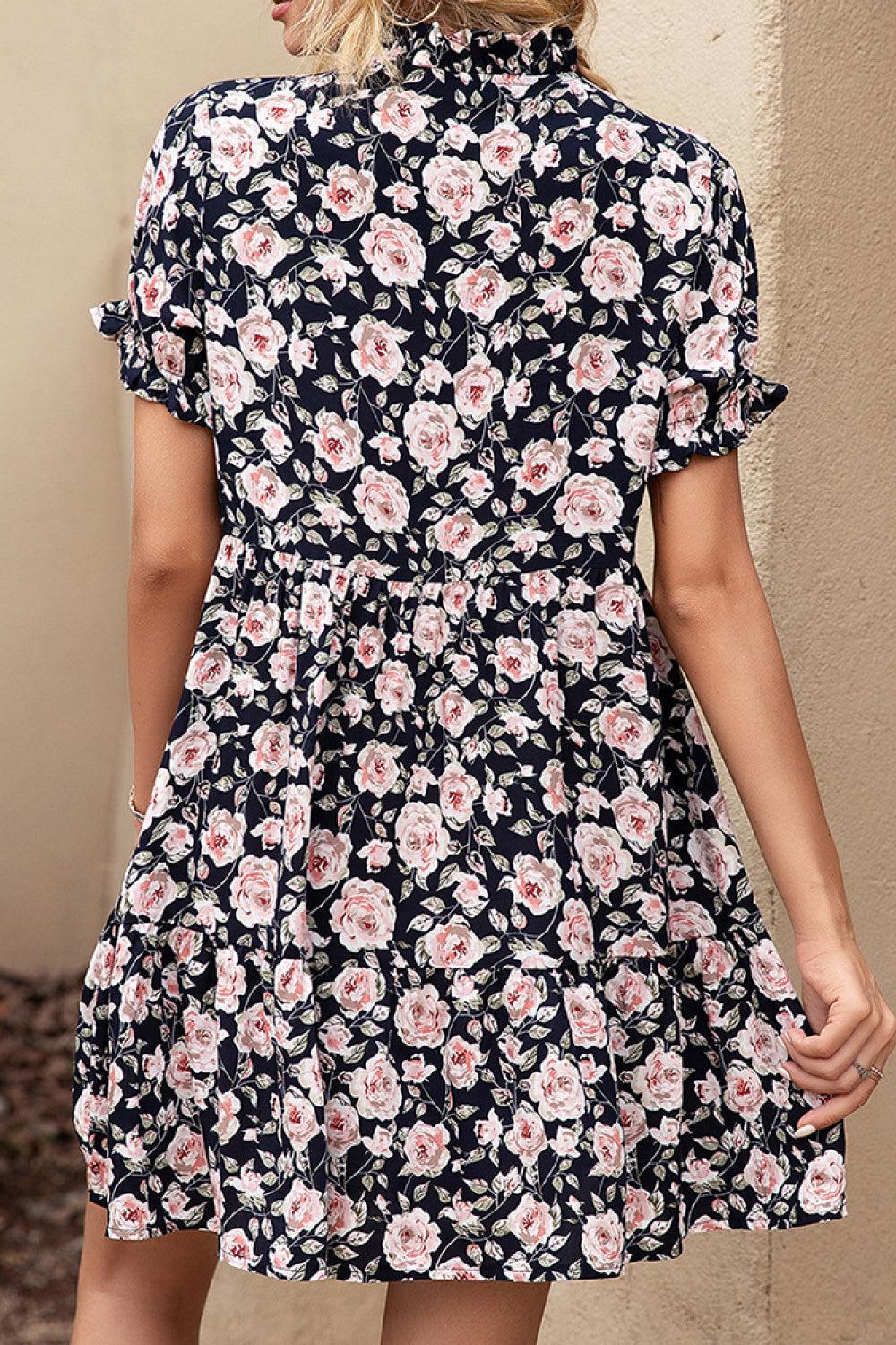 Floral Ruffle Trim Tie-Neck Dress BLUE ZONE PLANET