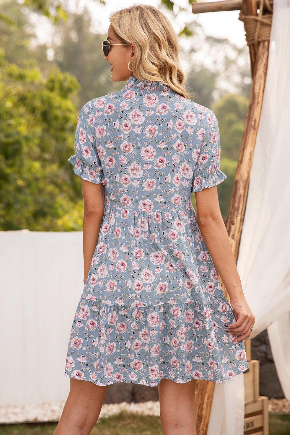 Floral Ruffle Trim Tie-Neck Dress BLUE ZONE PLANET