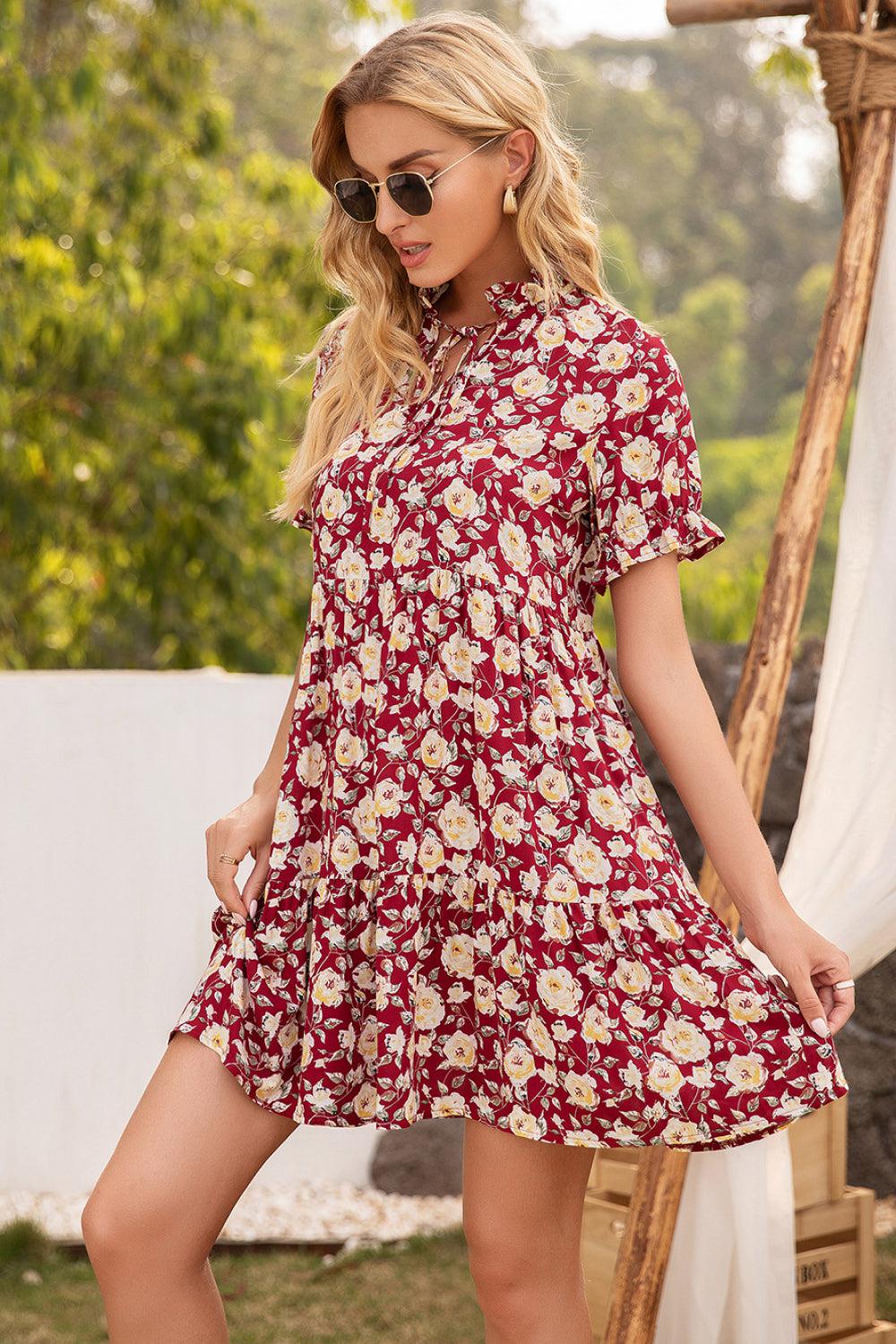 Floral Ruffle Trim Tie-Neck Dress BLUE ZONE PLANET