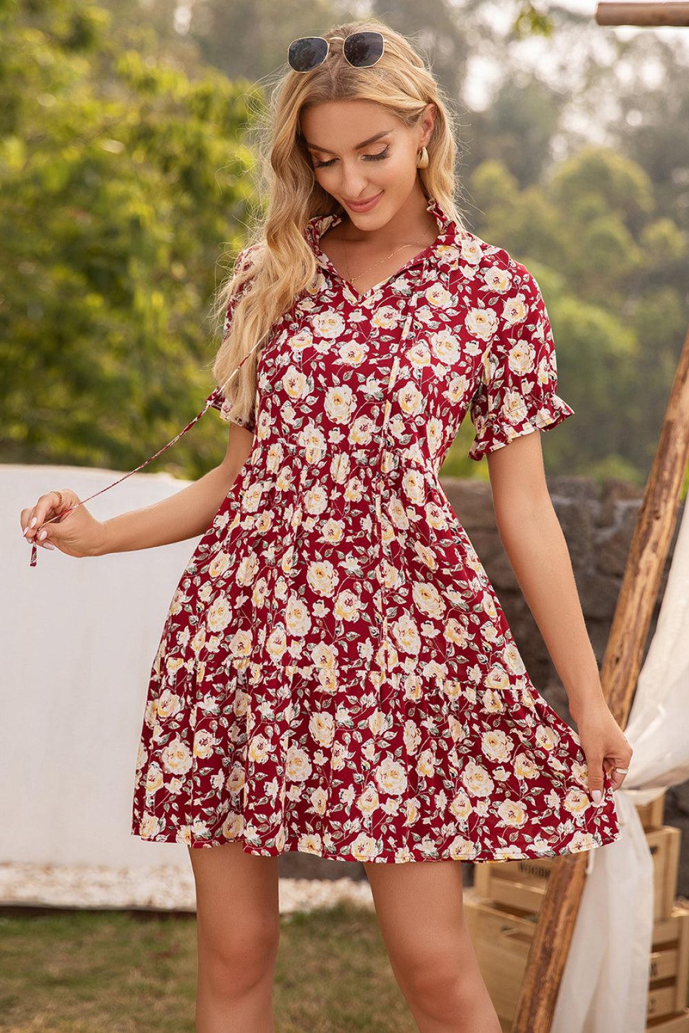 Floral Ruffle Trim Tie-Neck Dress BLUE ZONE PLANET