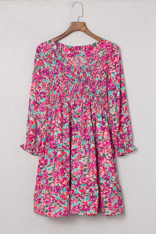 Floral Smocked V-Neck Flounce Sleeve Mini Dress BLUE ZONE PLANET