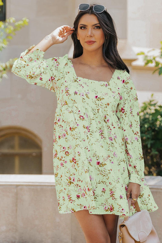 Floral Square Neck Empire Waist Mini Dress BLUE ZONE PLANET