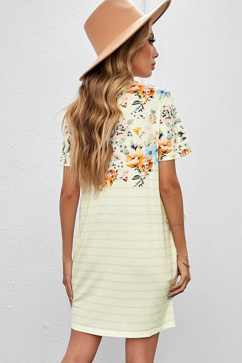 Floral Striped Short Sleeve Round Neck T-Shirt Dress BLUE ZONE PLANET