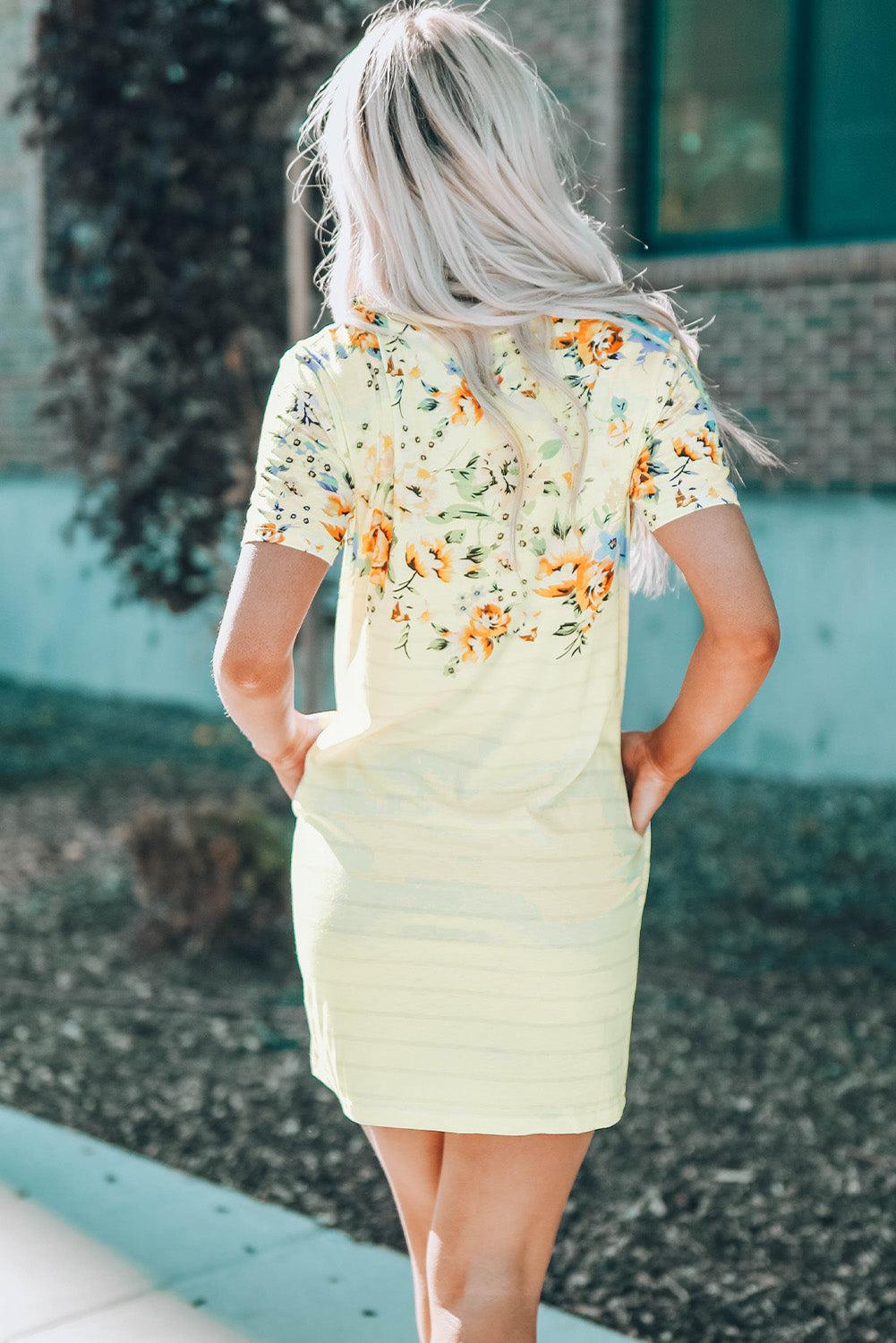 Floral Striped Short Sleeve Round Neck T-Shirt Dress BLUE ZONE PLANET
