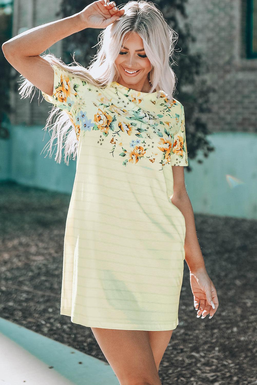 Floral Striped Short Sleeve Round Neck T-Shirt Dress BLUE ZONE PLANET