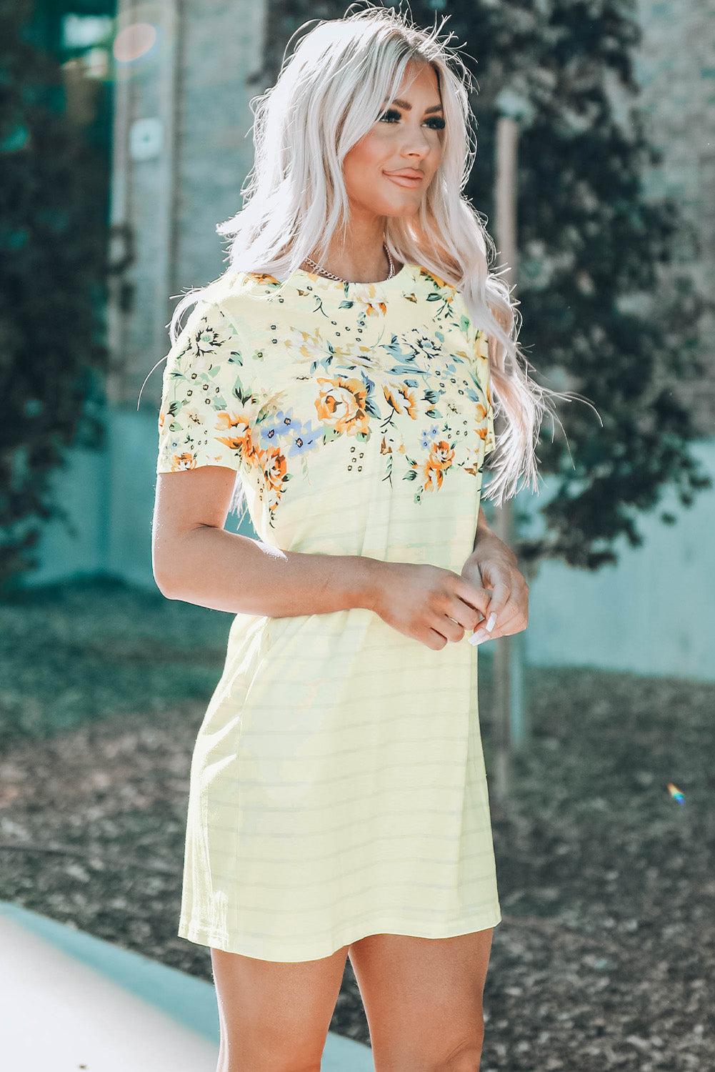 Floral Striped Short Sleeve Round Neck T-Shirt Dress BLUE ZONE PLANET