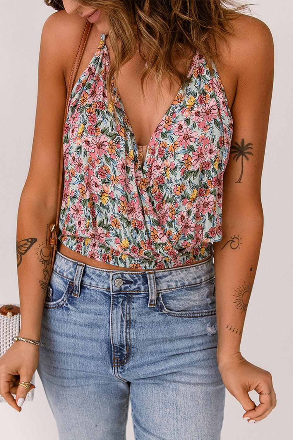 Floral Surplice Neck Top BLUE ZONE PLANET