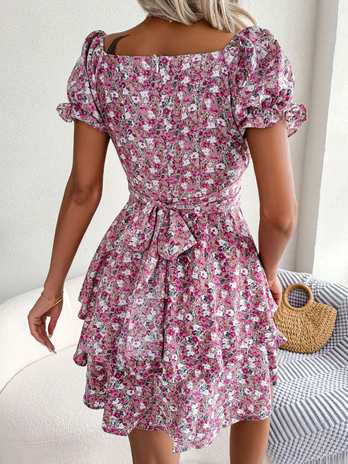 Floral Sweetheart Neck Flounce Sleeve Mini Dress BLUE ZONE PLANET