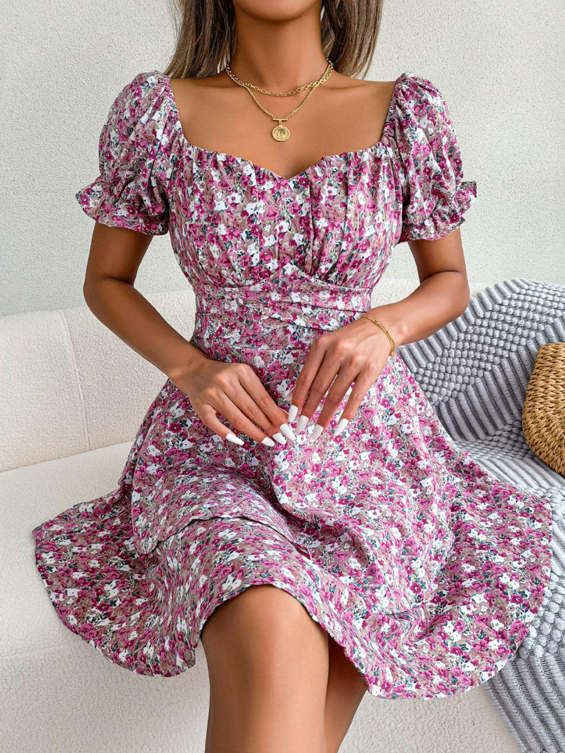 Floral Sweetheart Neck Flounce Sleeve Mini Dress BLUE ZONE PLANET