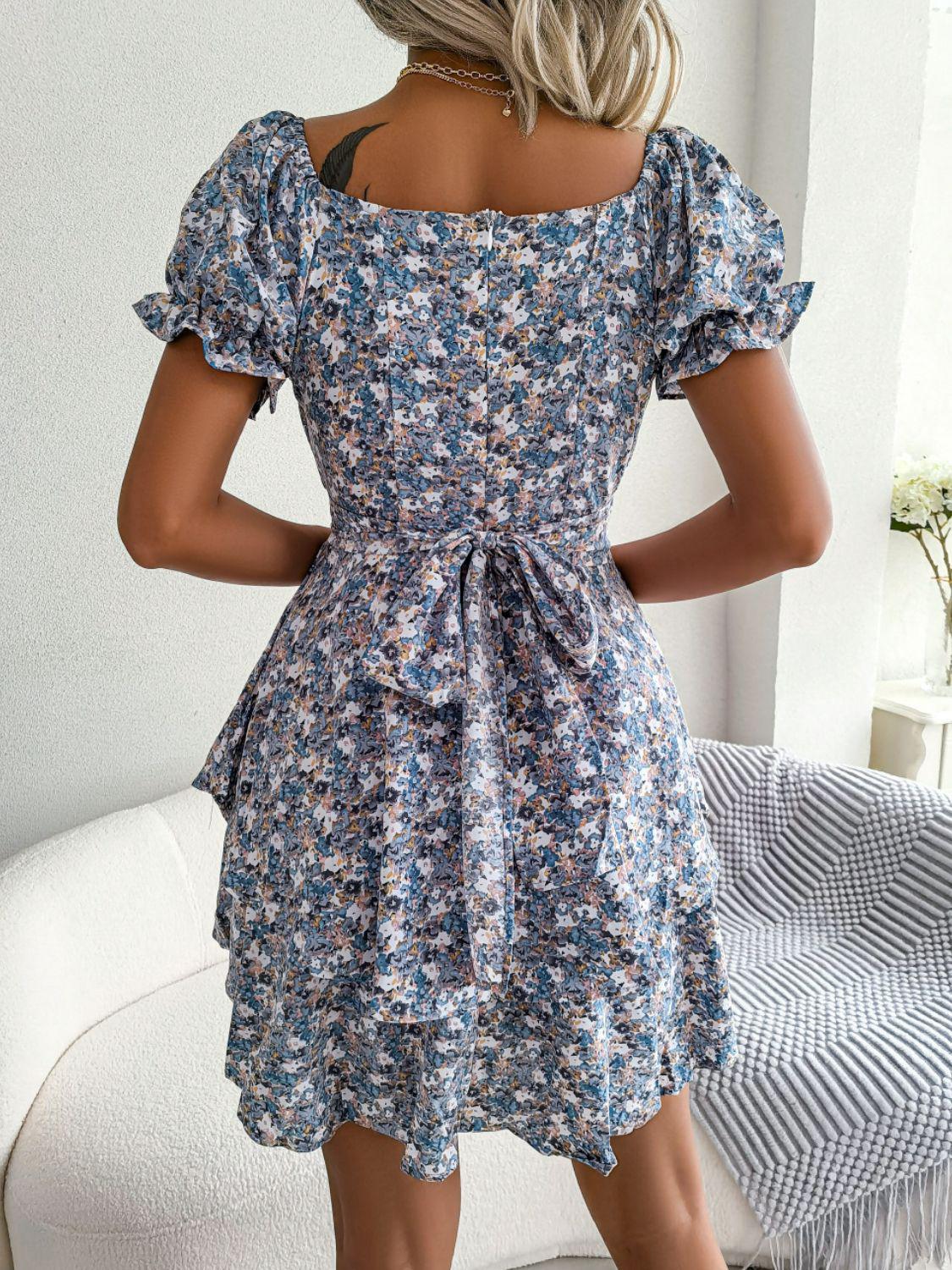 Floral Sweetheart Neck Flounce Sleeve Mini Dress BLUE ZONE PLANET