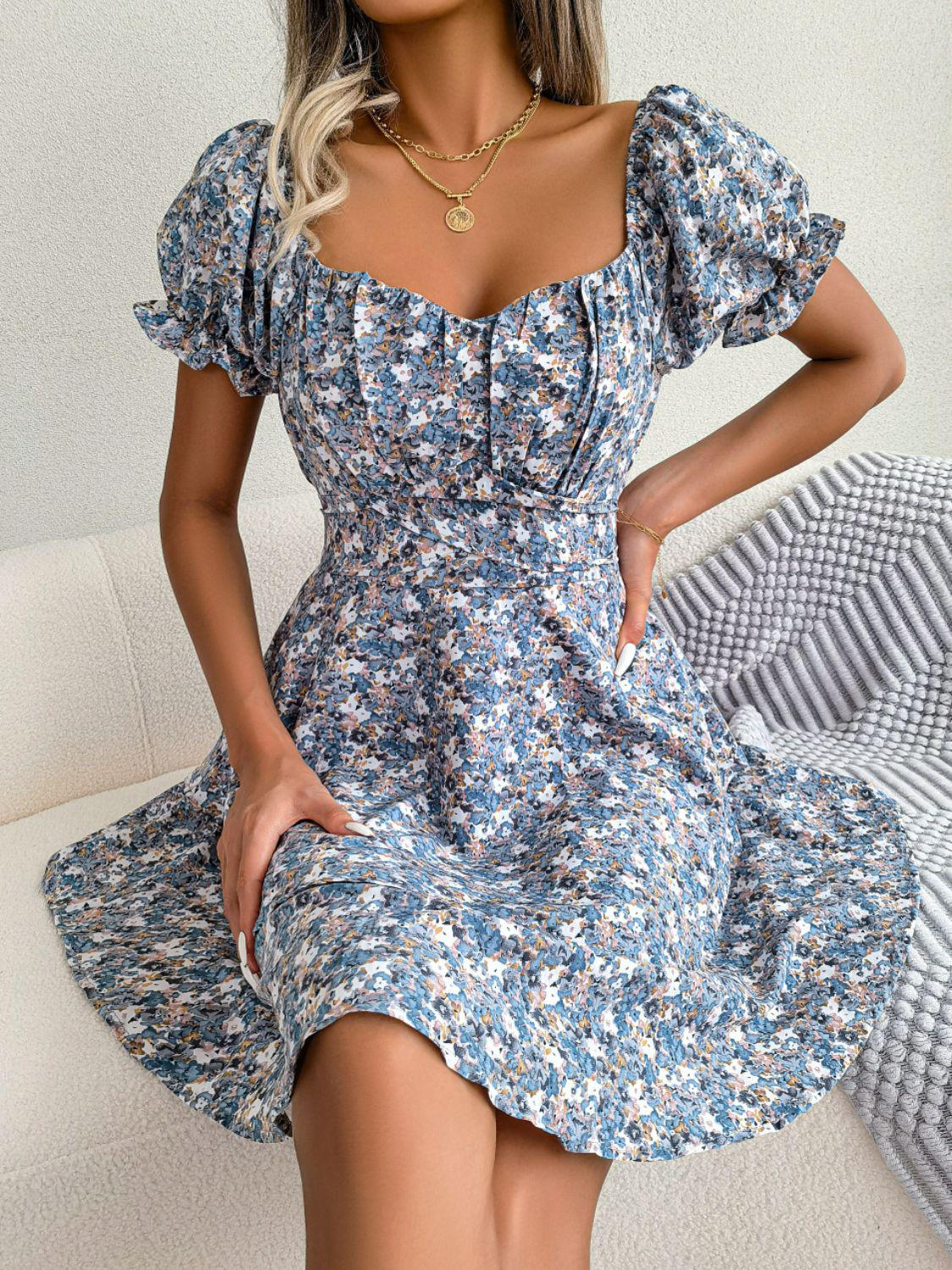 Floral Sweetheart Neck Flounce Sleeve Mini Dress BLUE ZONE PLANET