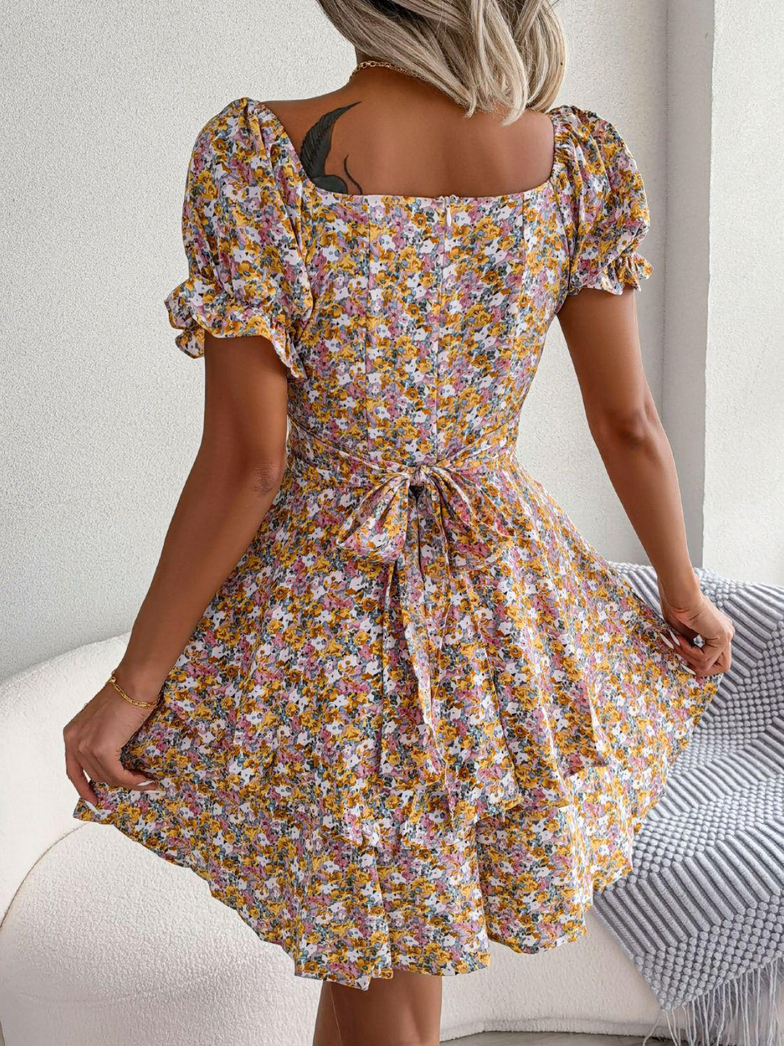 Floral Sweetheart Neck Flounce Sleeve Mini Dress BLUE ZONE PLANET