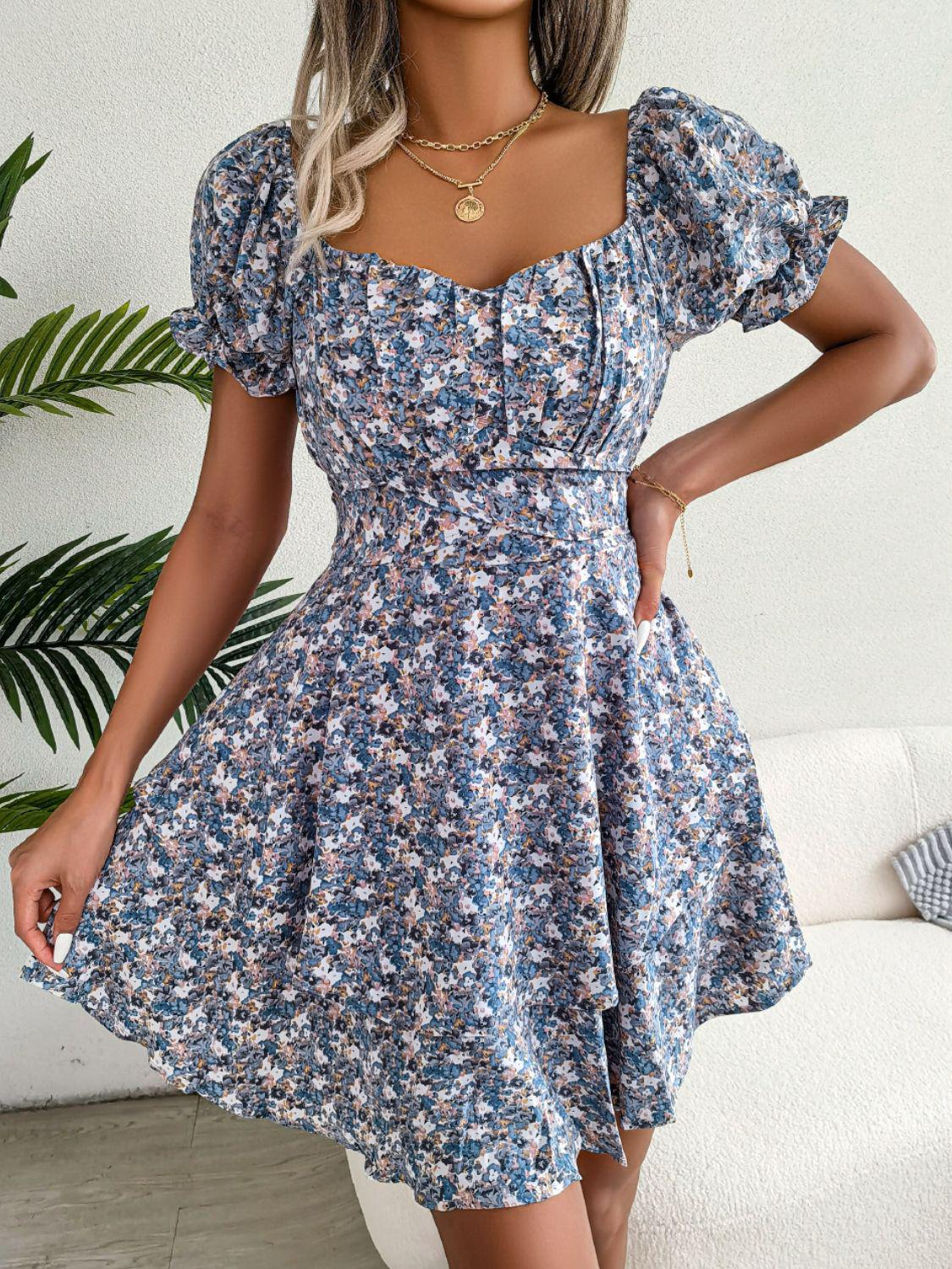 Floral Sweetheart Neck Flounce Sleeve Mini Dress BLUE ZONE PLANET