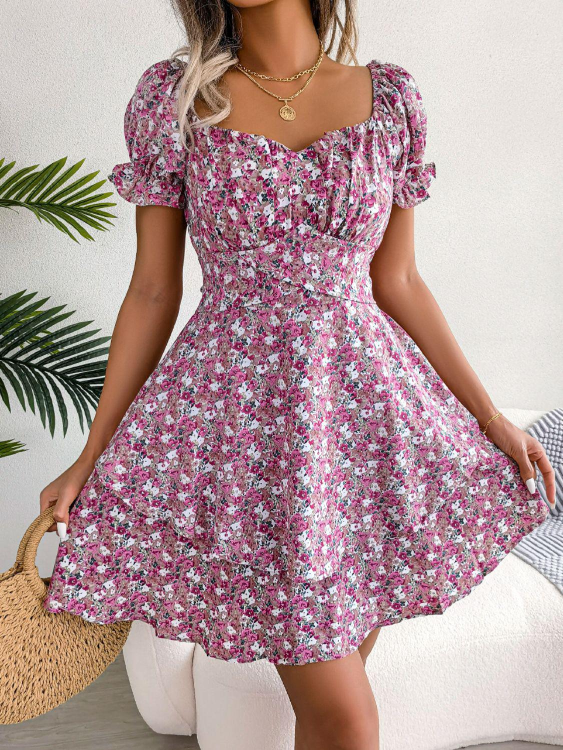 Floral Sweetheart Neck Flounce Sleeve Mini Dress BLUE ZONE PLANET