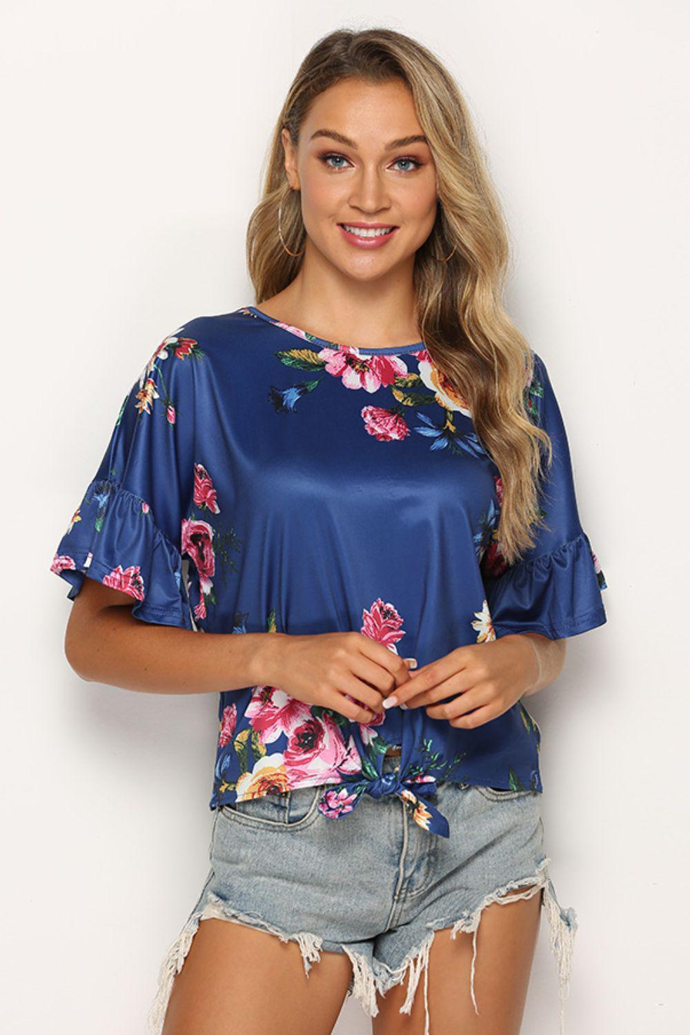 Floral Tie Hem Flounce Sleeve Top BLUE ZONE PLANET
