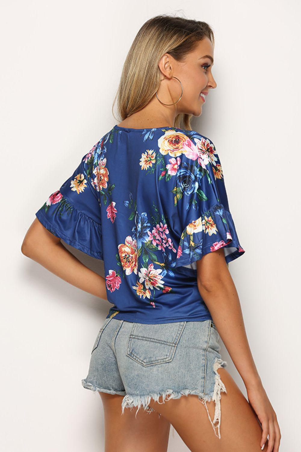 Floral Tie Hem Flounce Sleeve Top BLUE ZONE PLANET