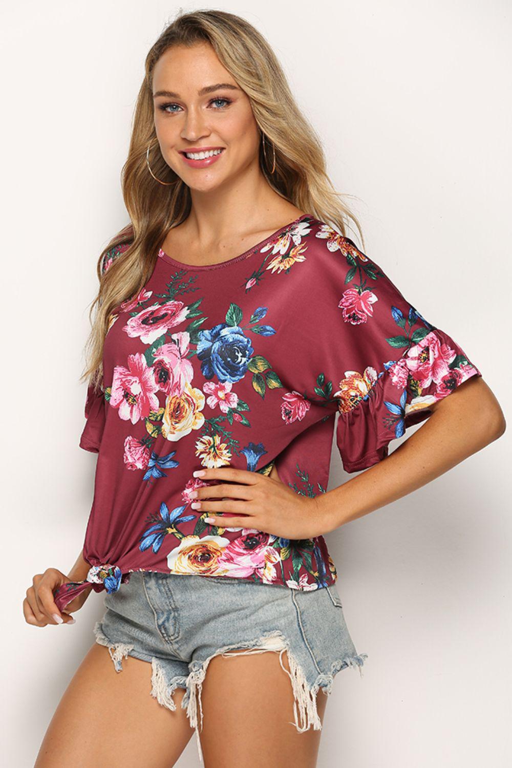 Floral Tie Hem Flounce Sleeve Top BLUE ZONE PLANET