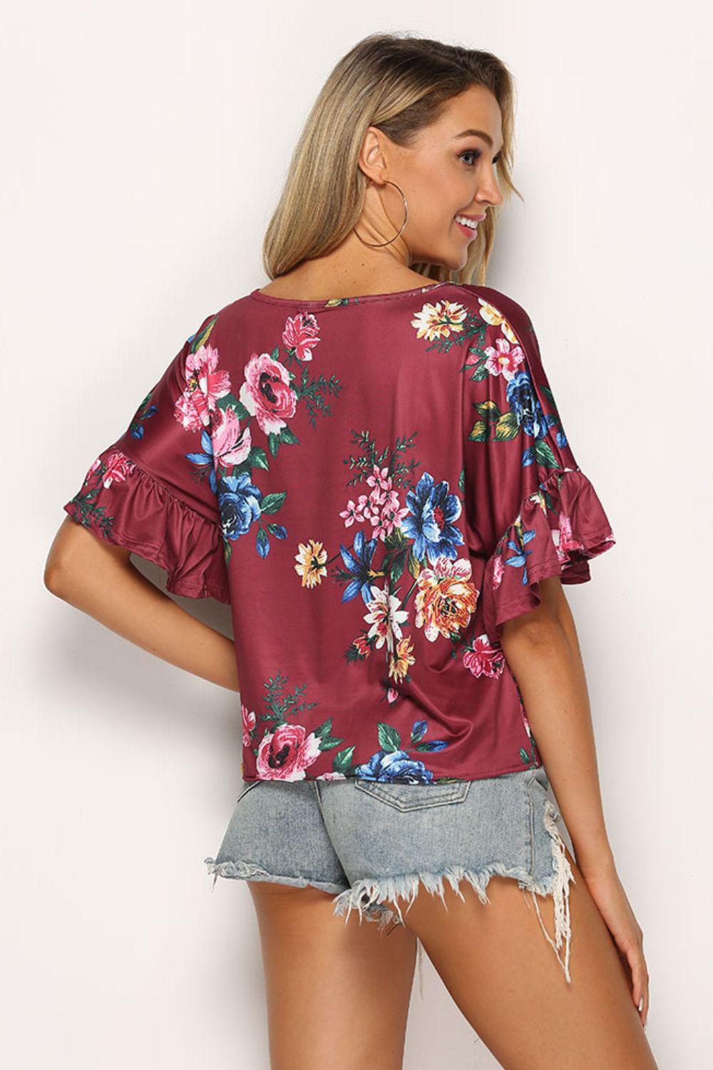 Floral Tie Hem Flounce Sleeve Top BLUE ZONE PLANET