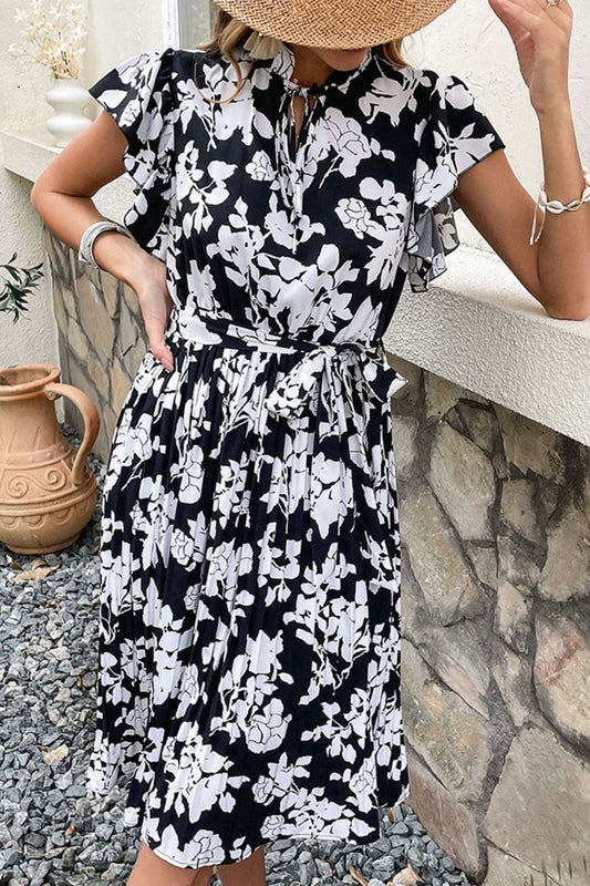 Floral Tie Neck Flutter Sleeve Dress BLUE ZONE PLANET