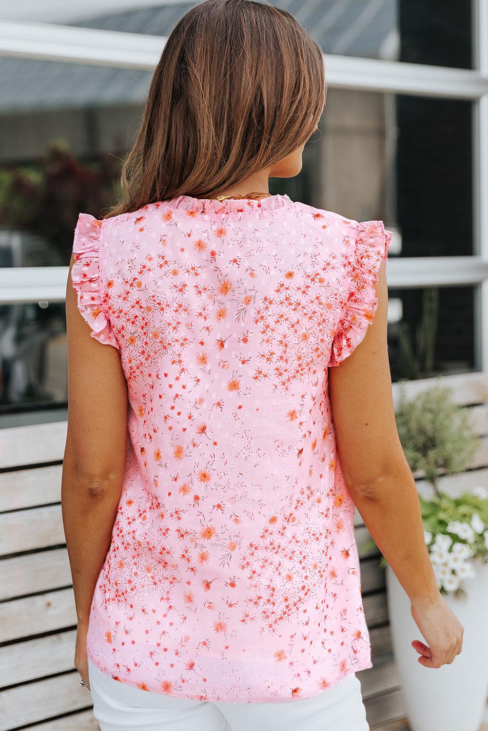 Floral Tie Neck Ruffled Sleeveless Top BLUE ZONE PLANET