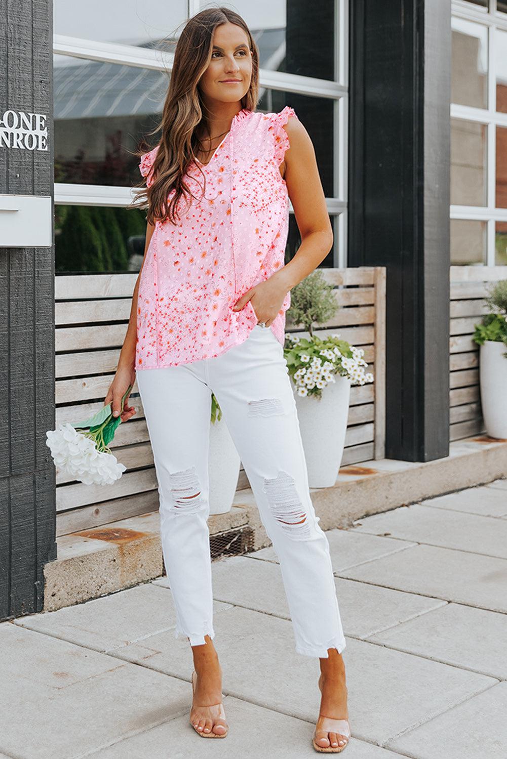 Floral Tie Neck Ruffled Sleeveless Top BLUE ZONE PLANET