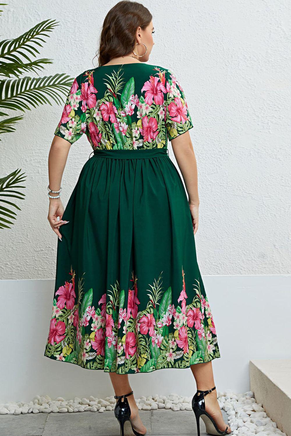 Floral Tie-Waist Round Neck Dress BLUE ZONE PLANET