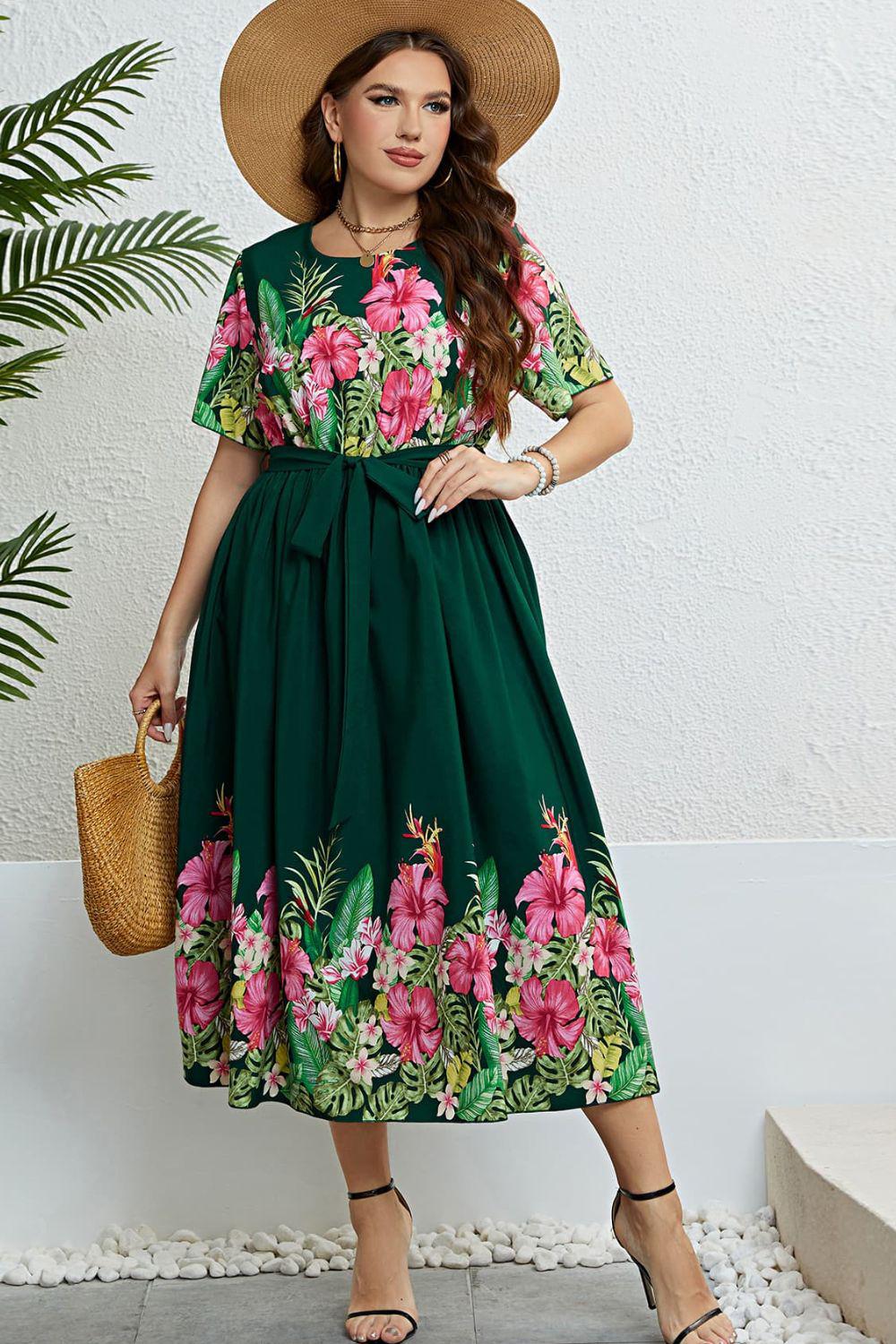 Floral Tie-Waist Round Neck Dress BLUE ZONE PLANET