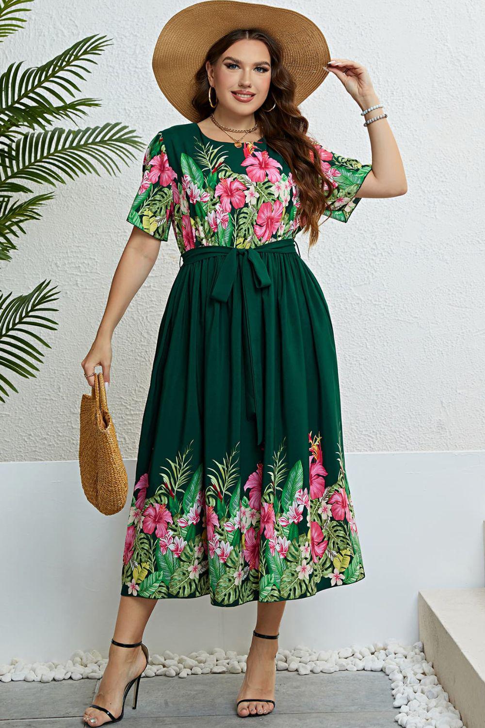 Floral Tie-Waist Round Neck Dress BLUE ZONE PLANET