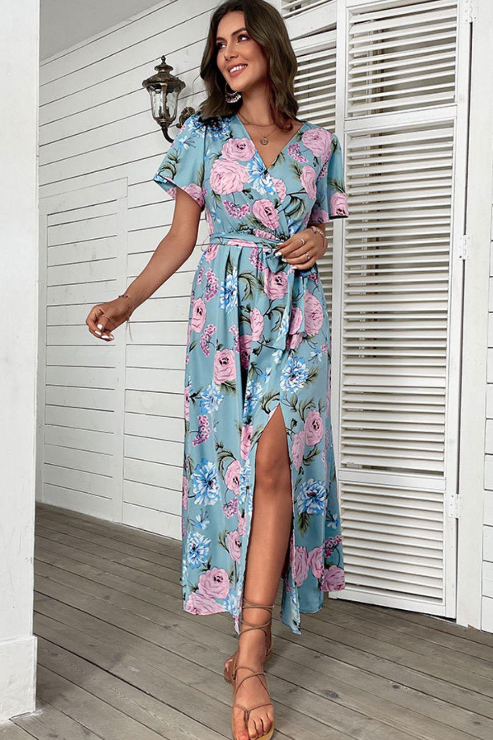 Floral Tie-Waist Slit Surplice Maxi Dress BLUE ZONE PLANET