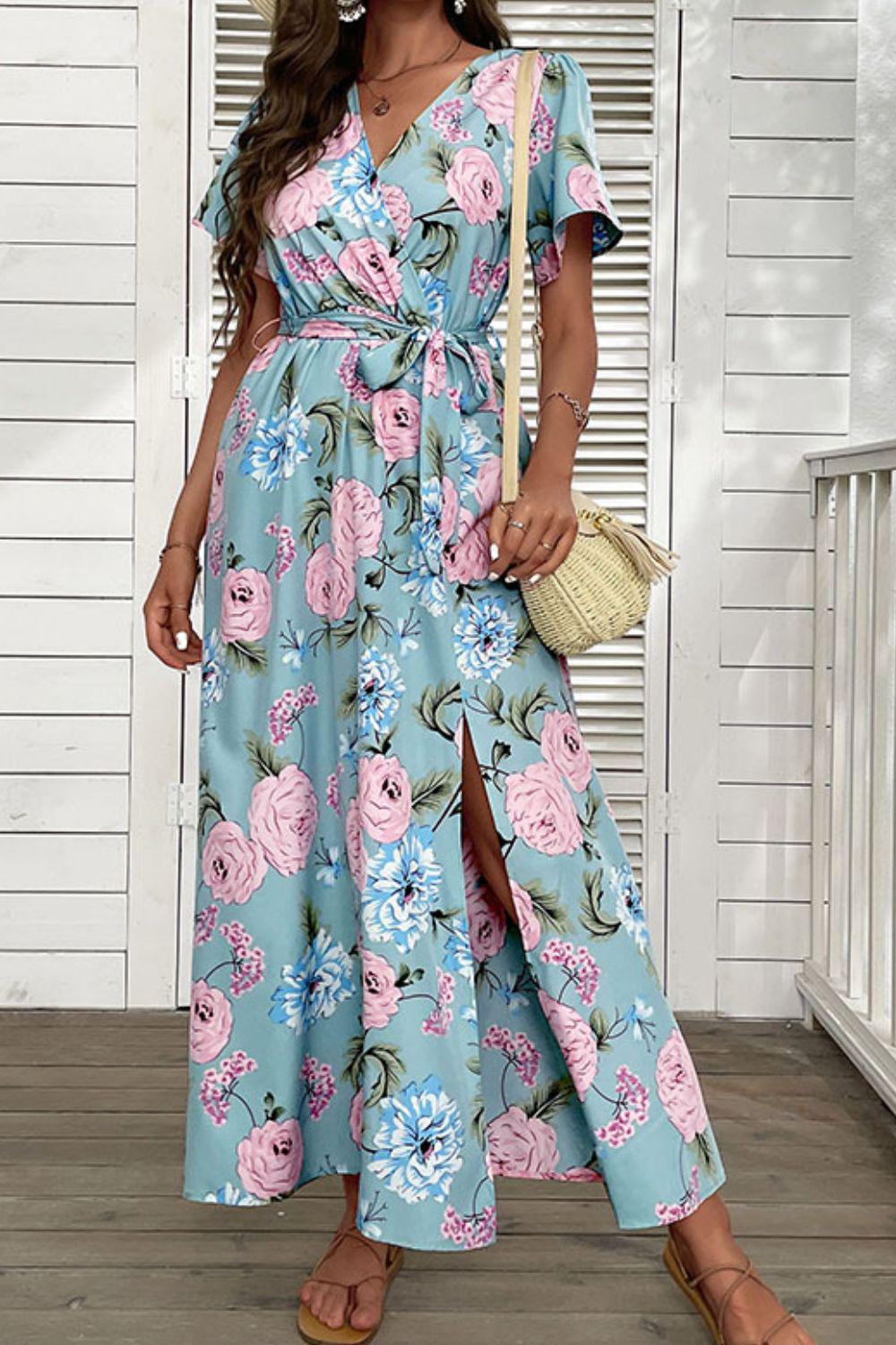 Floral Tie-Waist Slit Surplice Maxi Dress BLUE ZONE PLANET