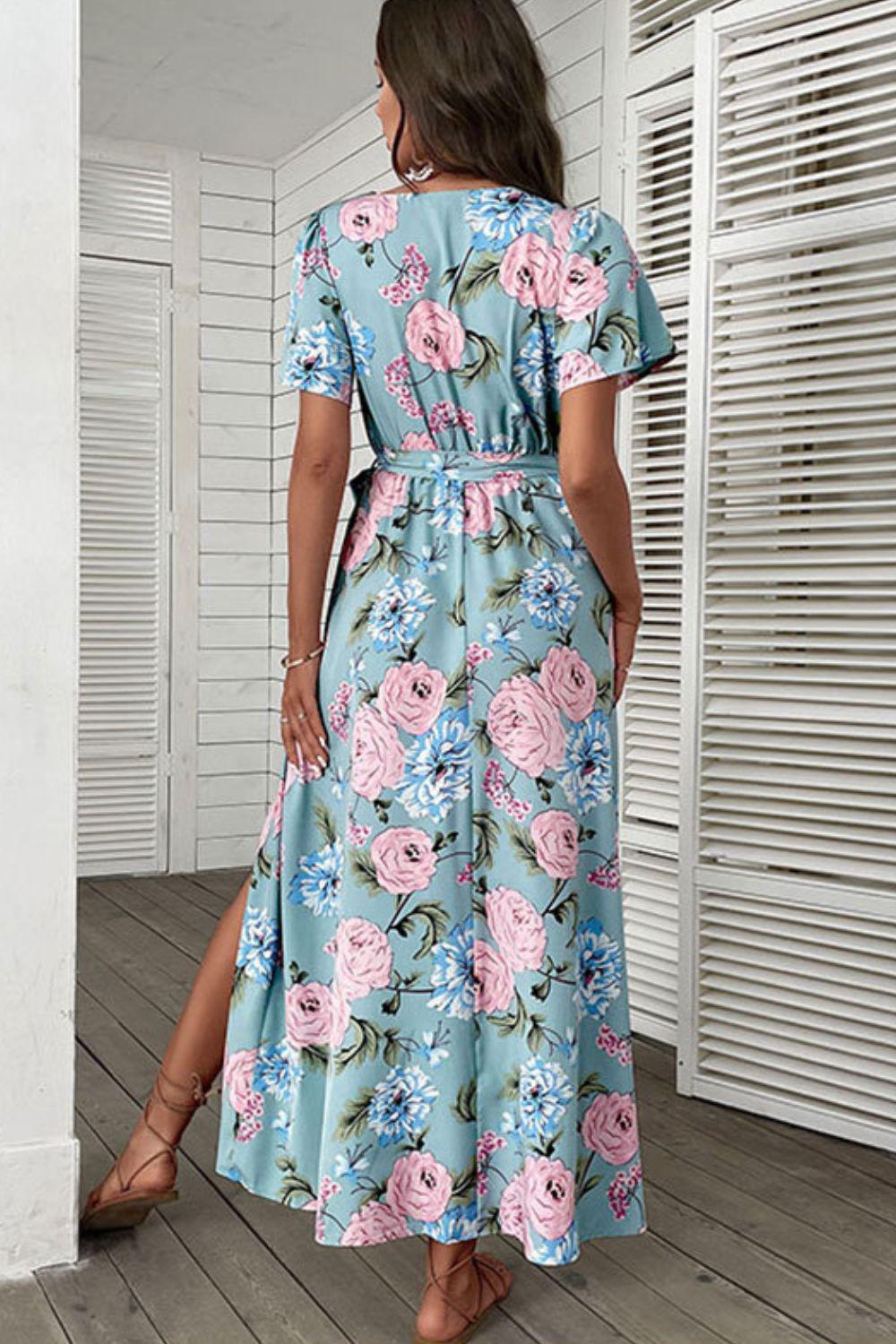 Floral Tie-Waist Slit Surplice Maxi Dress BLUE ZONE PLANET