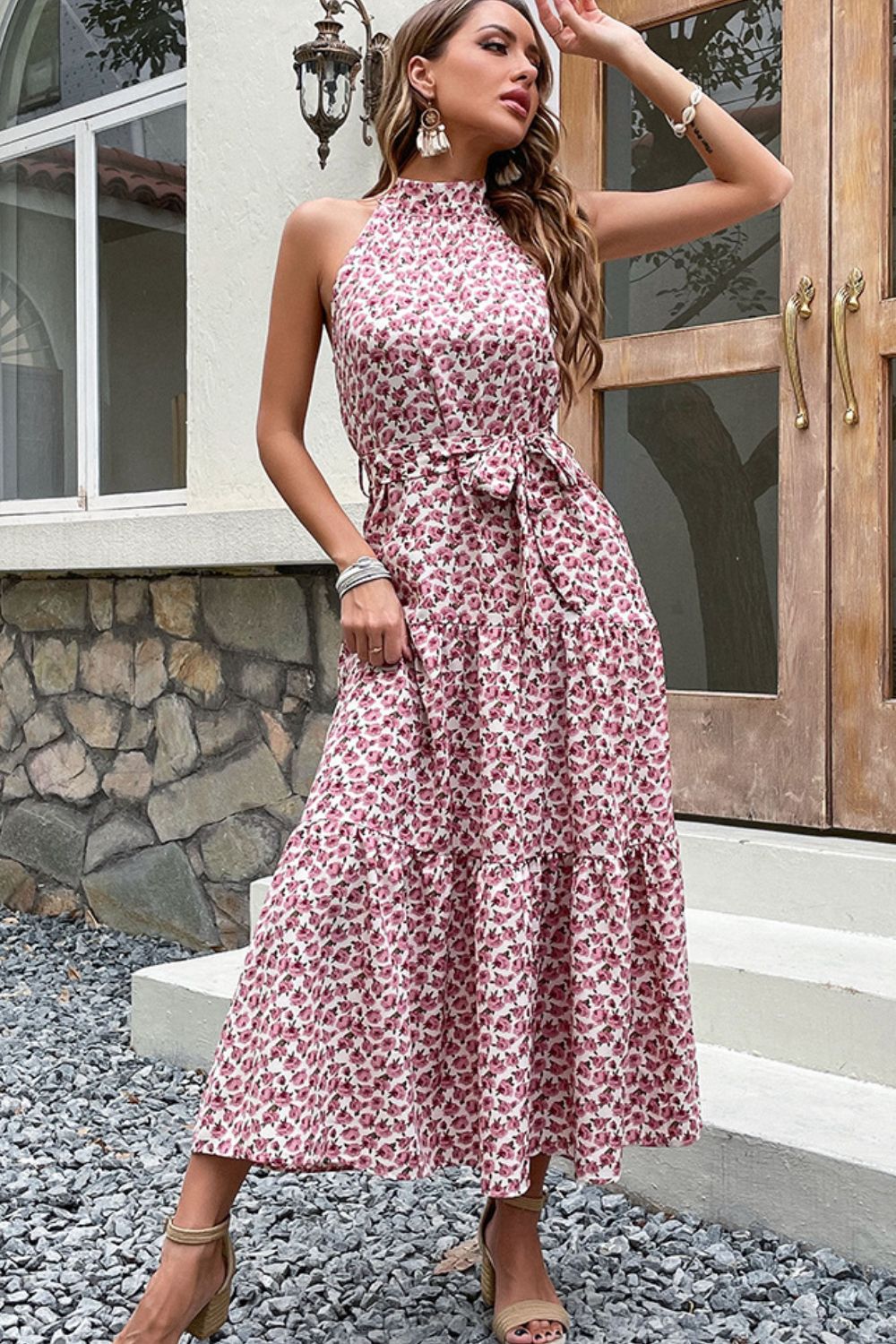 Floral Tie-Waist Tiered Dress BLUE ZONE PLANET